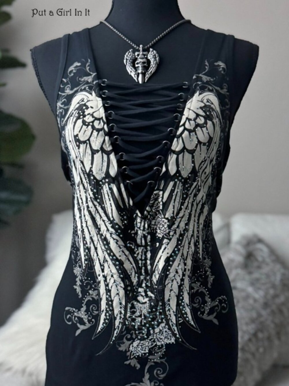 Women's Plus Size Biker Crystal Black Wings Lace Deep V Tank Top 1X 2X 3X Y2K